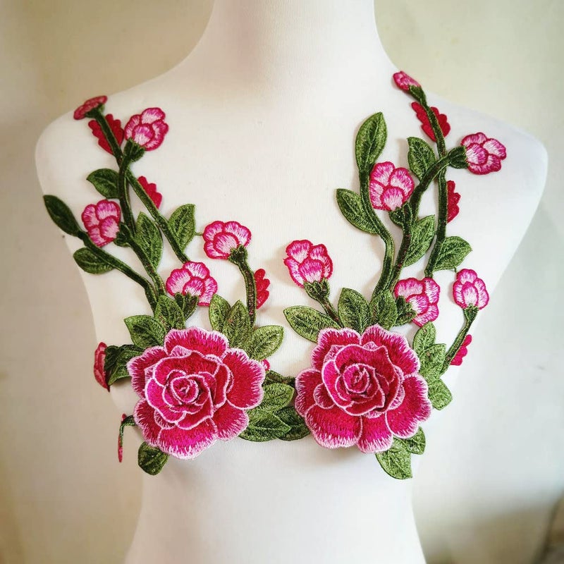 ZALALAA 2pcs Flowers Embroidered Patch Sticker for Clothing Jacket Jeans Lace Applique DIY Clothes Decorations Fabric Patches (Color F Hot Pink) - Image 1